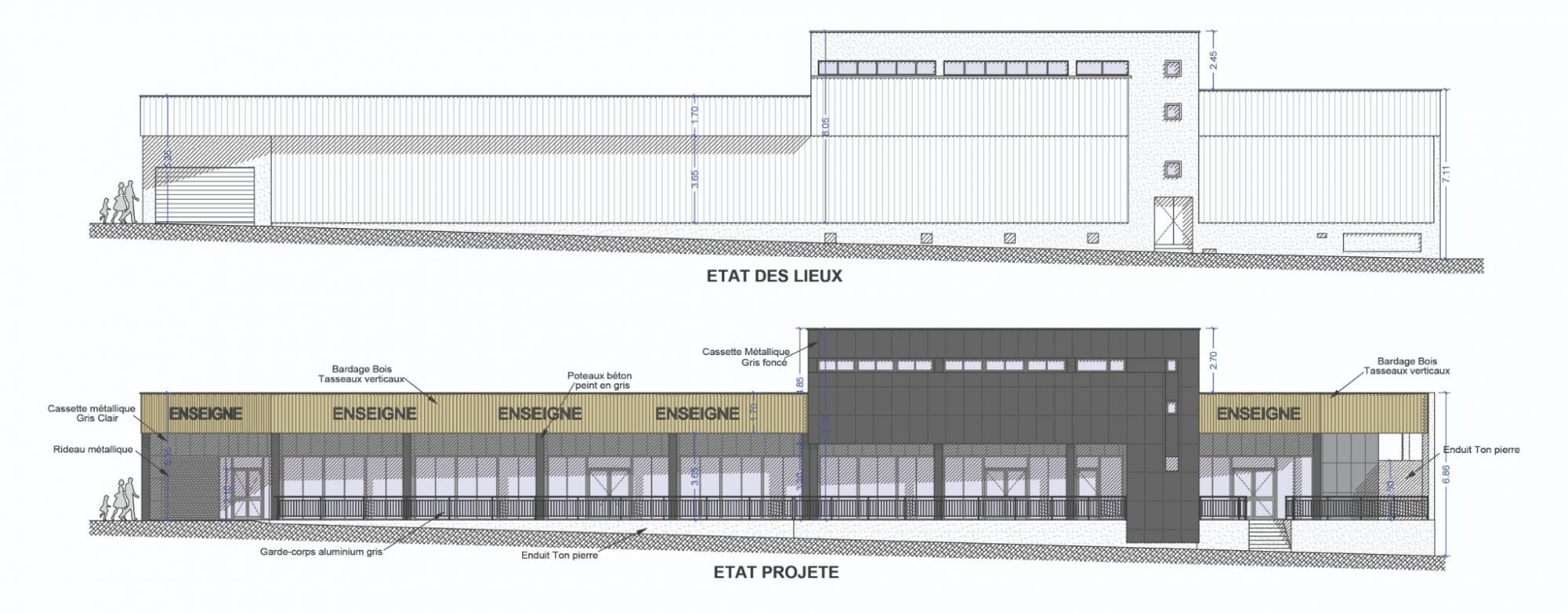 Plan de façade d'un projet de réabilitation à Luxeuil, réalisation Groupe H